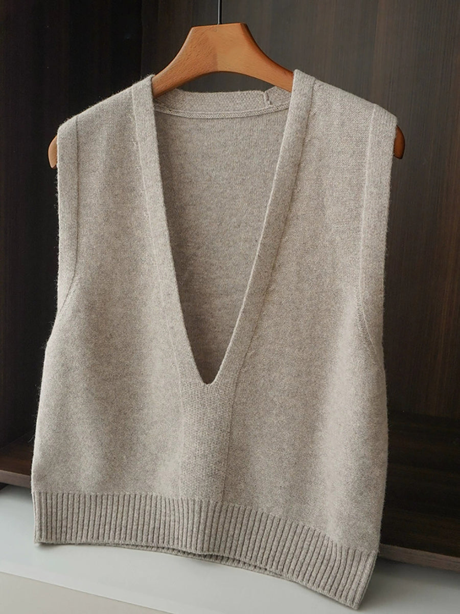 Women Solid Wool Loose V-neck Sweater Vest