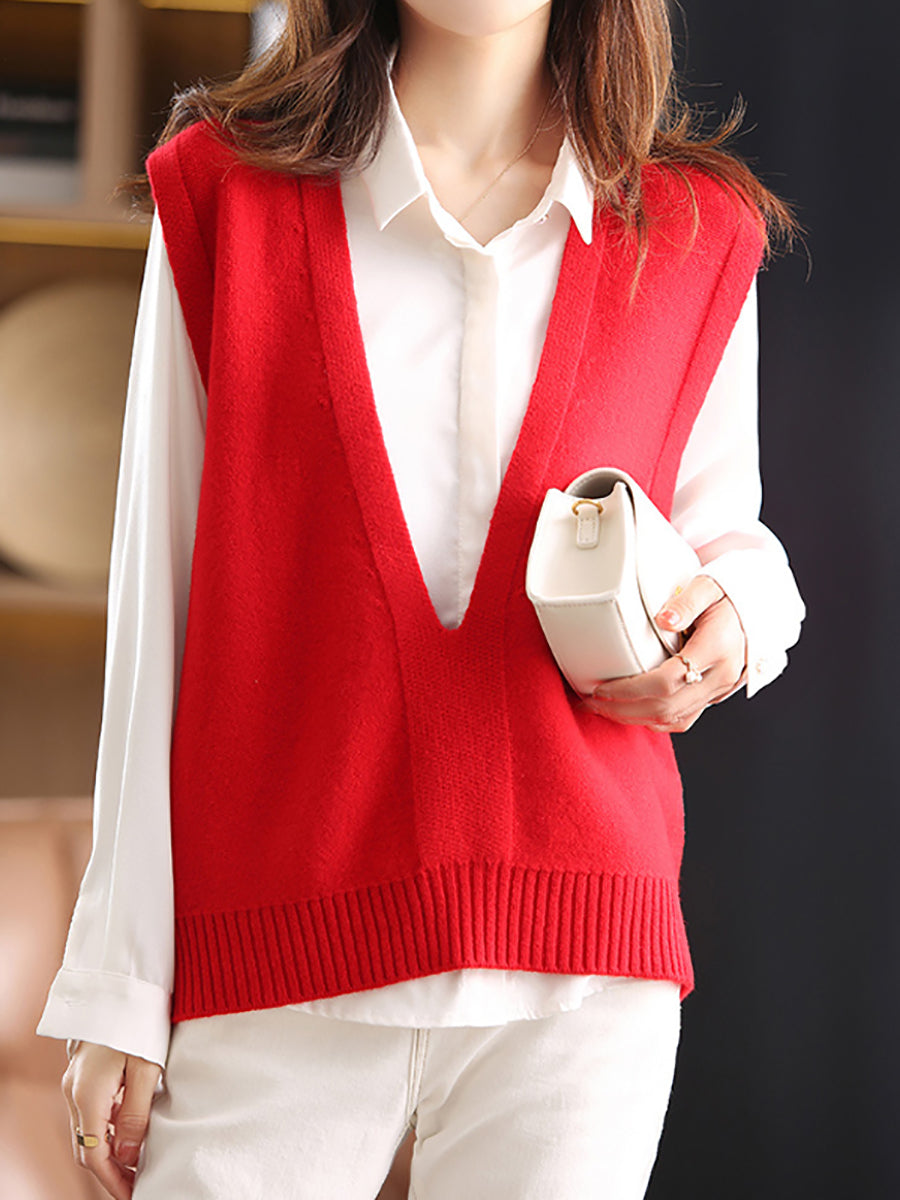 Women Solid Wool Loose V-neck Sweater Vest