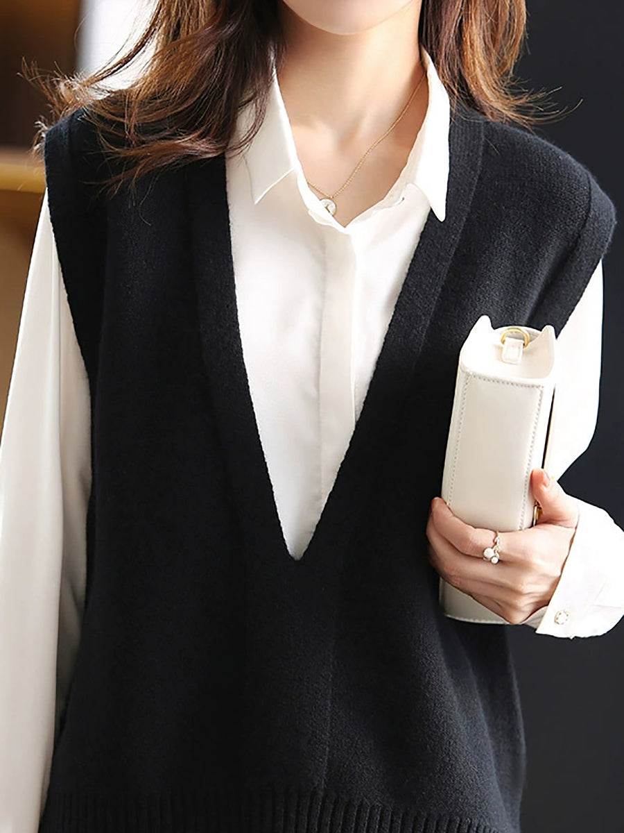 Women Solid Wool Loose V-neck Sweater Vest