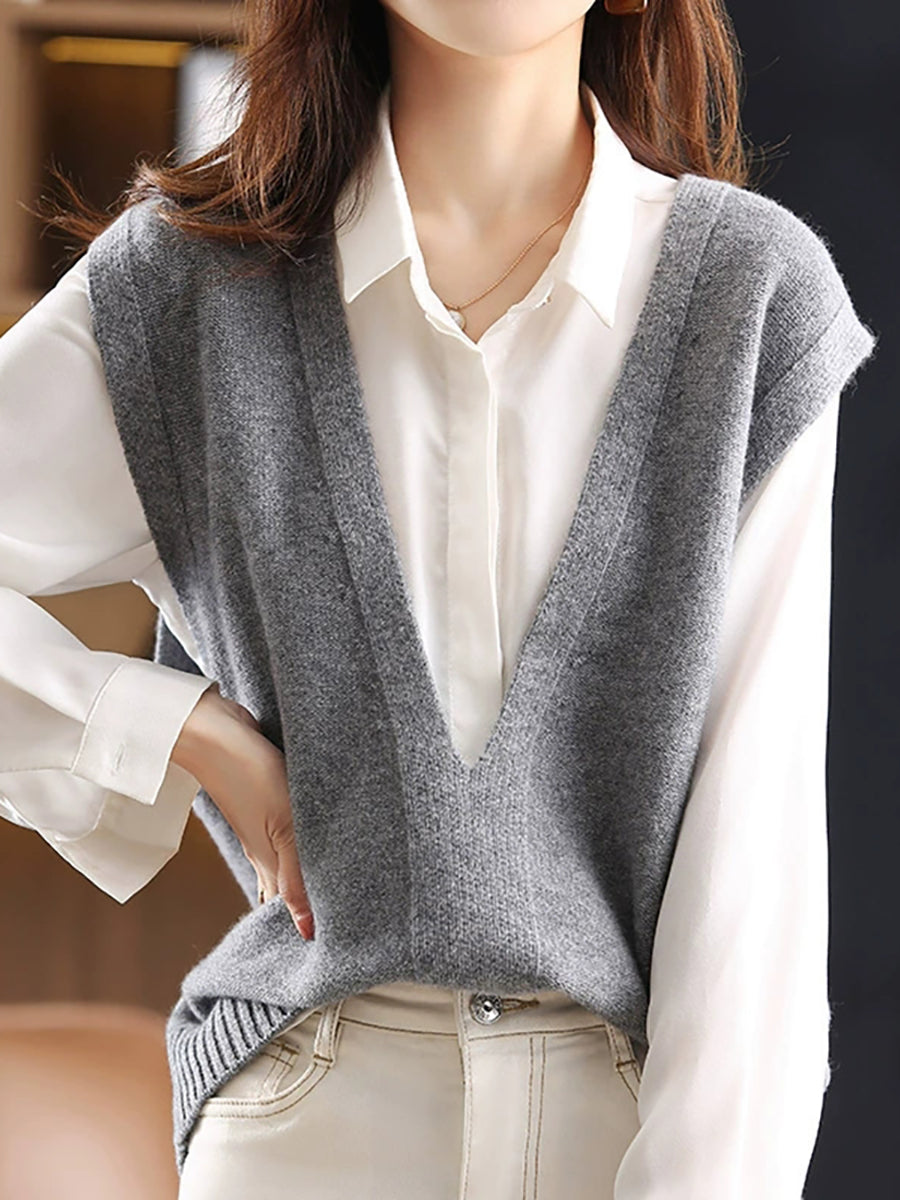 Women Solid Wool Loose V-neck Sweater Vest
