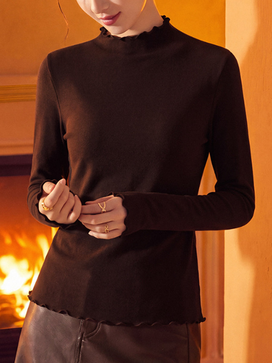 Women Winter Ruffled Mock Neck Warm Thermal Base Layer Top