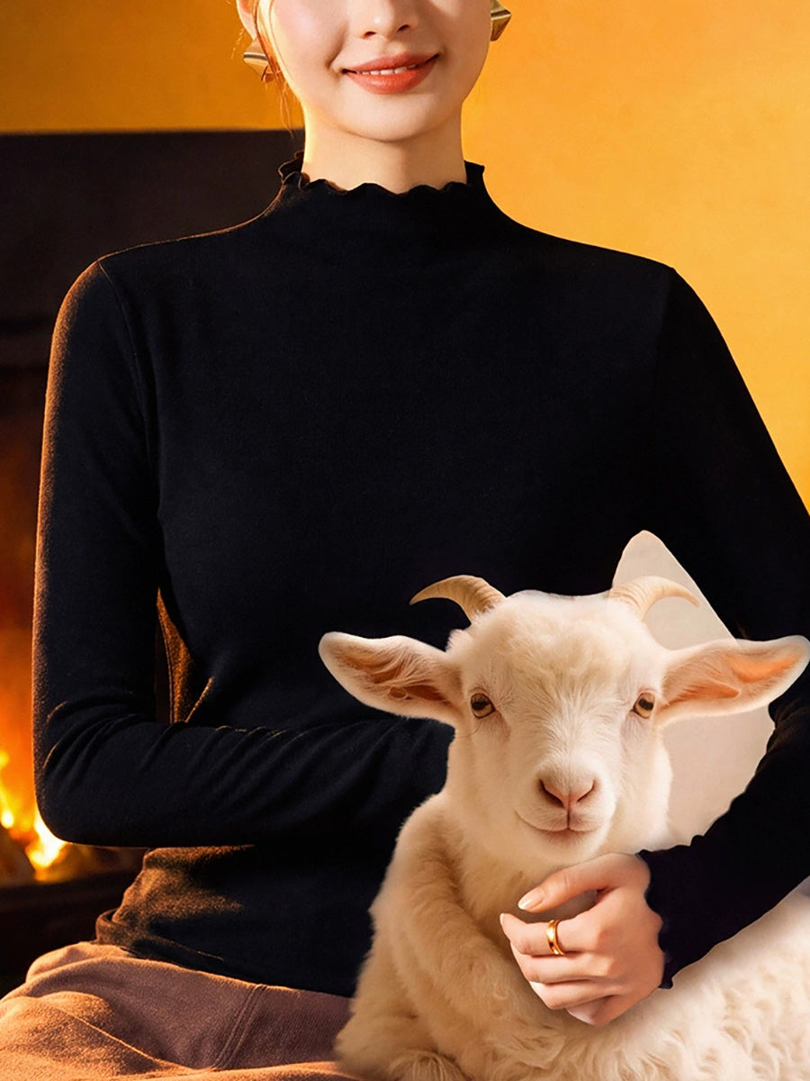 Women Winter Ruffled Mock Neck Warm Thermal Base Layer Top