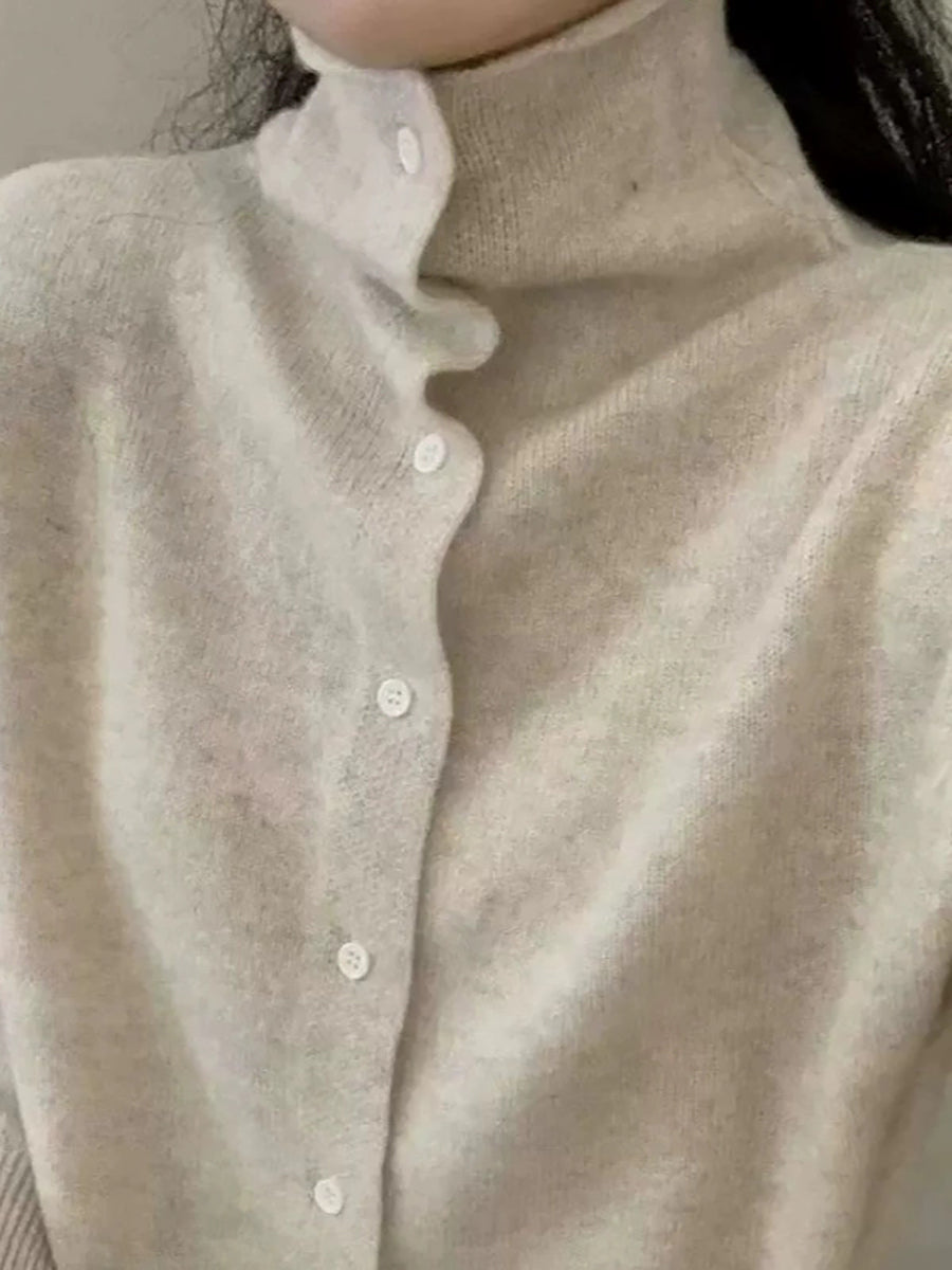 Women Solid Turtleneck Warm Wool Cardigan Sweater