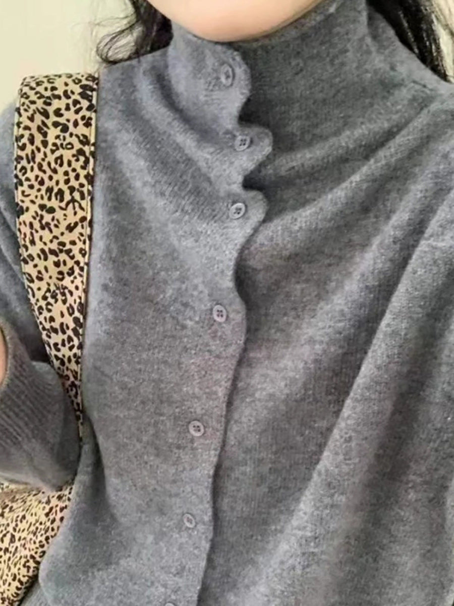 Women Solid Turtleneck Warm Wool Cardigan Sweater