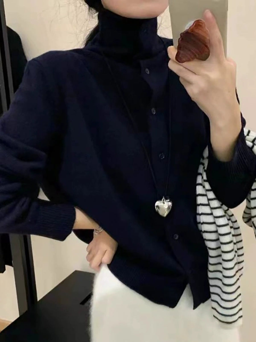 Women Solid Turtleneck Warm Wool Cardigan Sweater