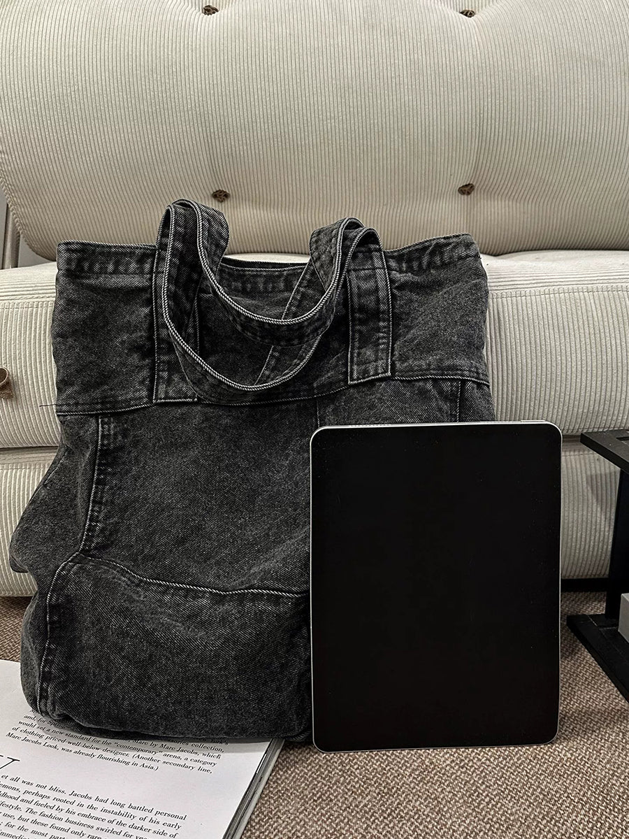 Women Denim Large Capacity Tote Bag – Artistic Minimalist Shoulder Shopping Bag