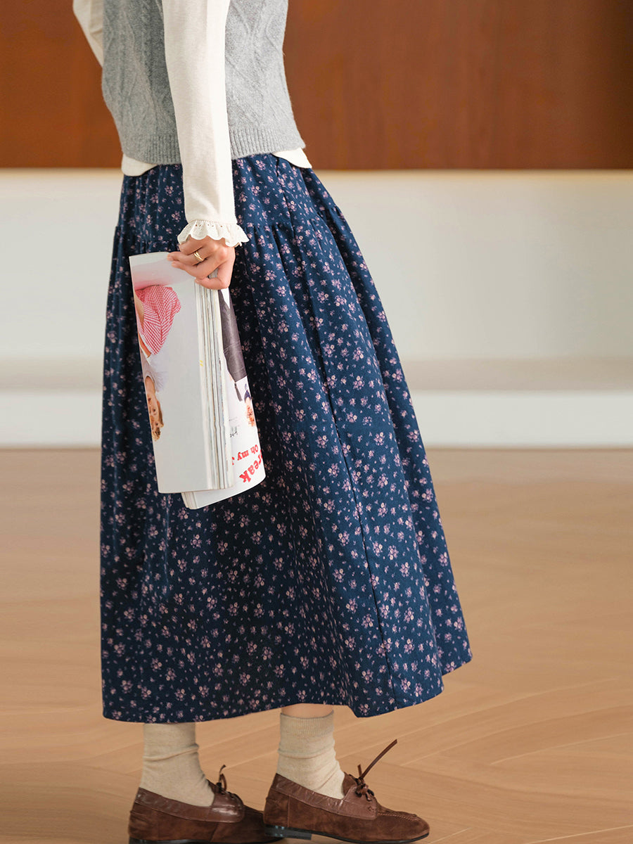 Women Fall Floral Vintage Cotton Midi Skirt