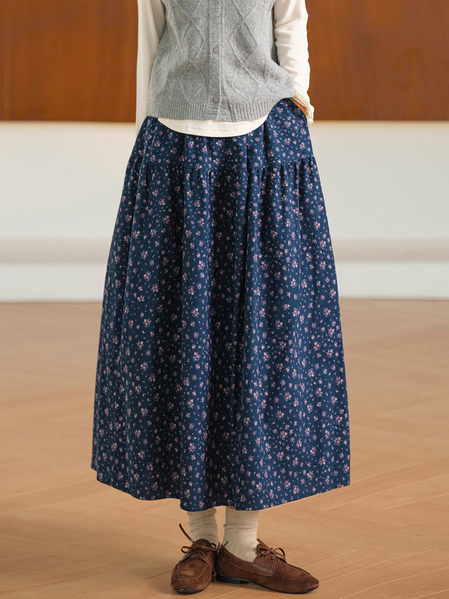 Women Fall Floral Vintage Cotton Midi Skirt