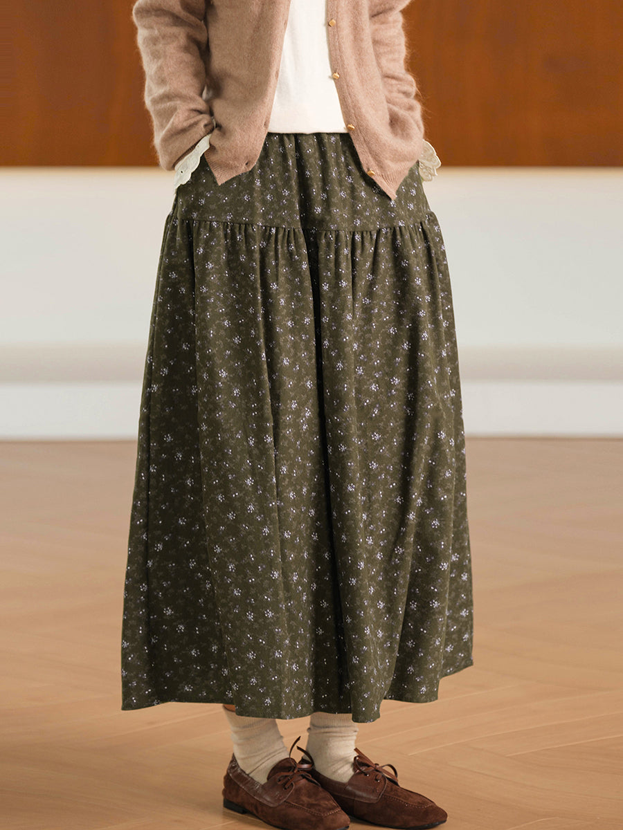 Women Fall Floral Vintage Cotton Midi Skirt