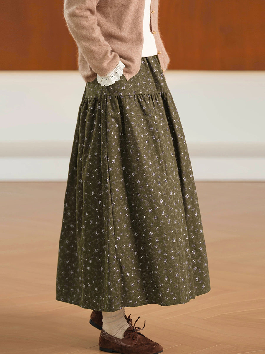 Women Fall Floral Vintage Cotton Midi Skirt