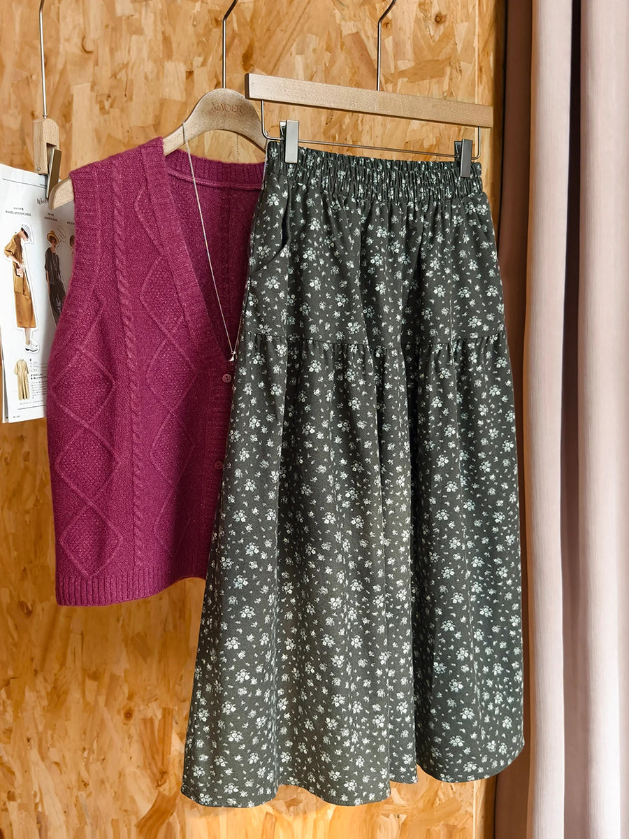 Women Fall Floral Vintage Cotton Midi Skirt