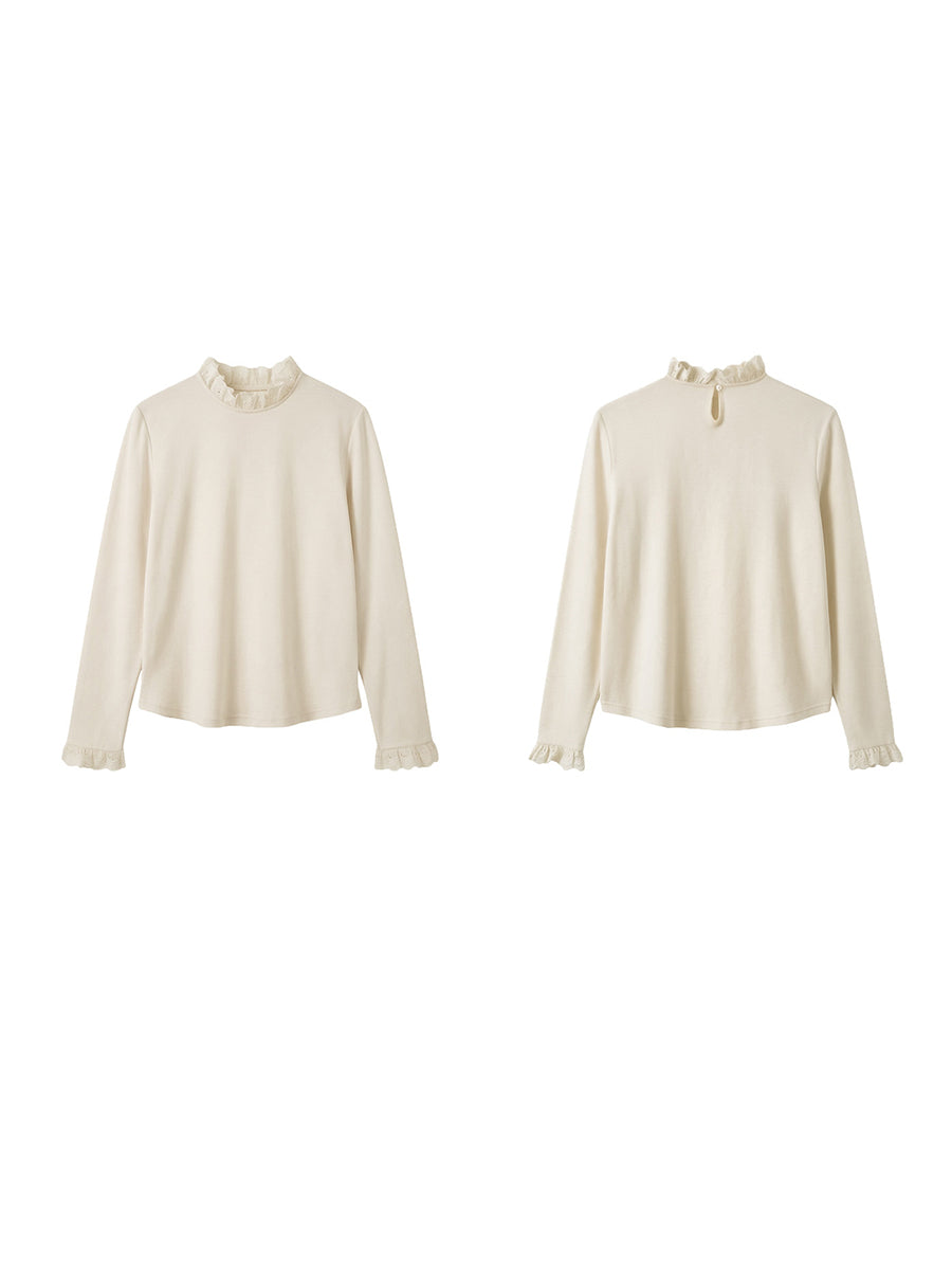 Women Winter Minimalist Lace Trim Long Sleeve Base Layer Top