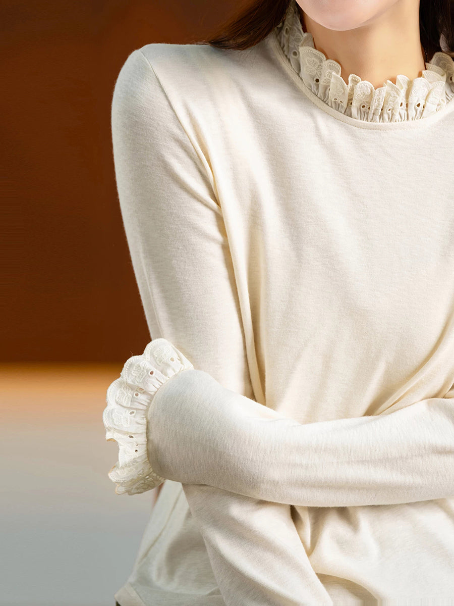 Women Winter Minimalist Lace Trim Long Sleeve Base Layer Top