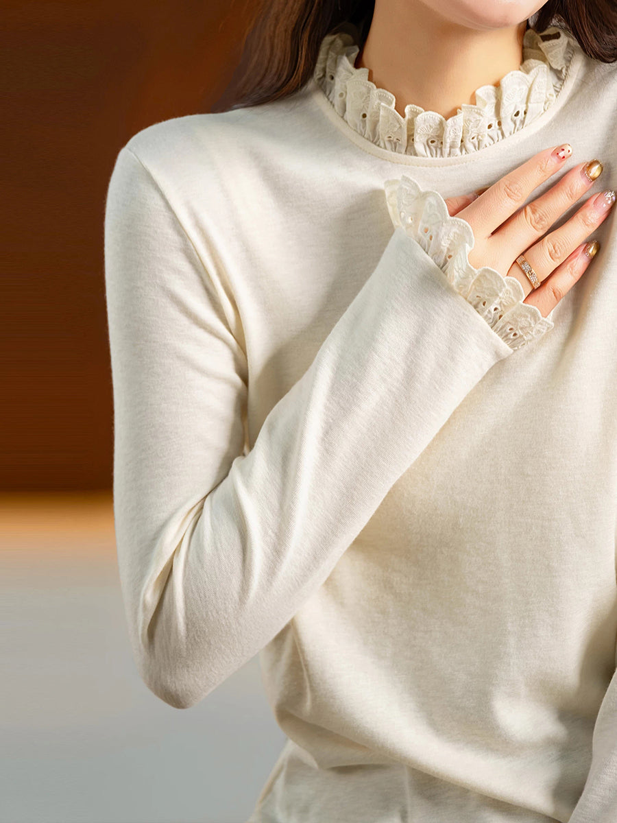 Women Winter Minimalist Lace Trim Long Sleeve Base Layer Top