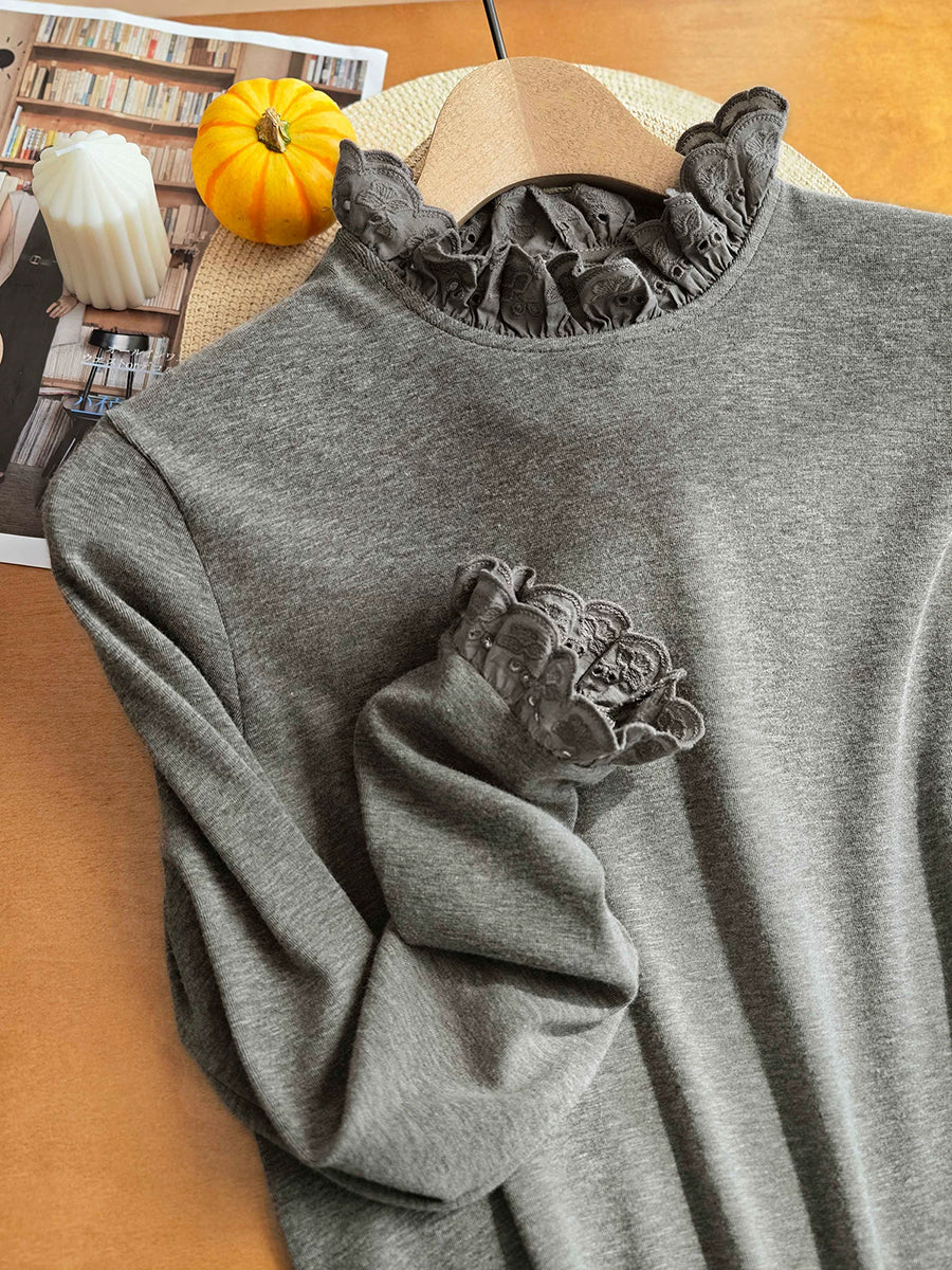 Women Winter Minimalist Lace Trim Long Sleeve Base Layer Top