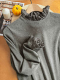 Women Winter Minimalist Lace Trim Long Sleeve Base Layer Top