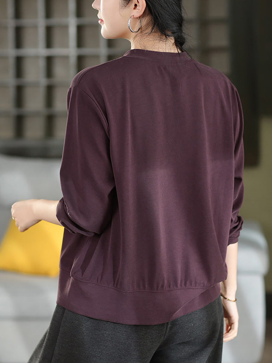 Women Vintage Solid 100% Cotton Loose Long Sleeve Top