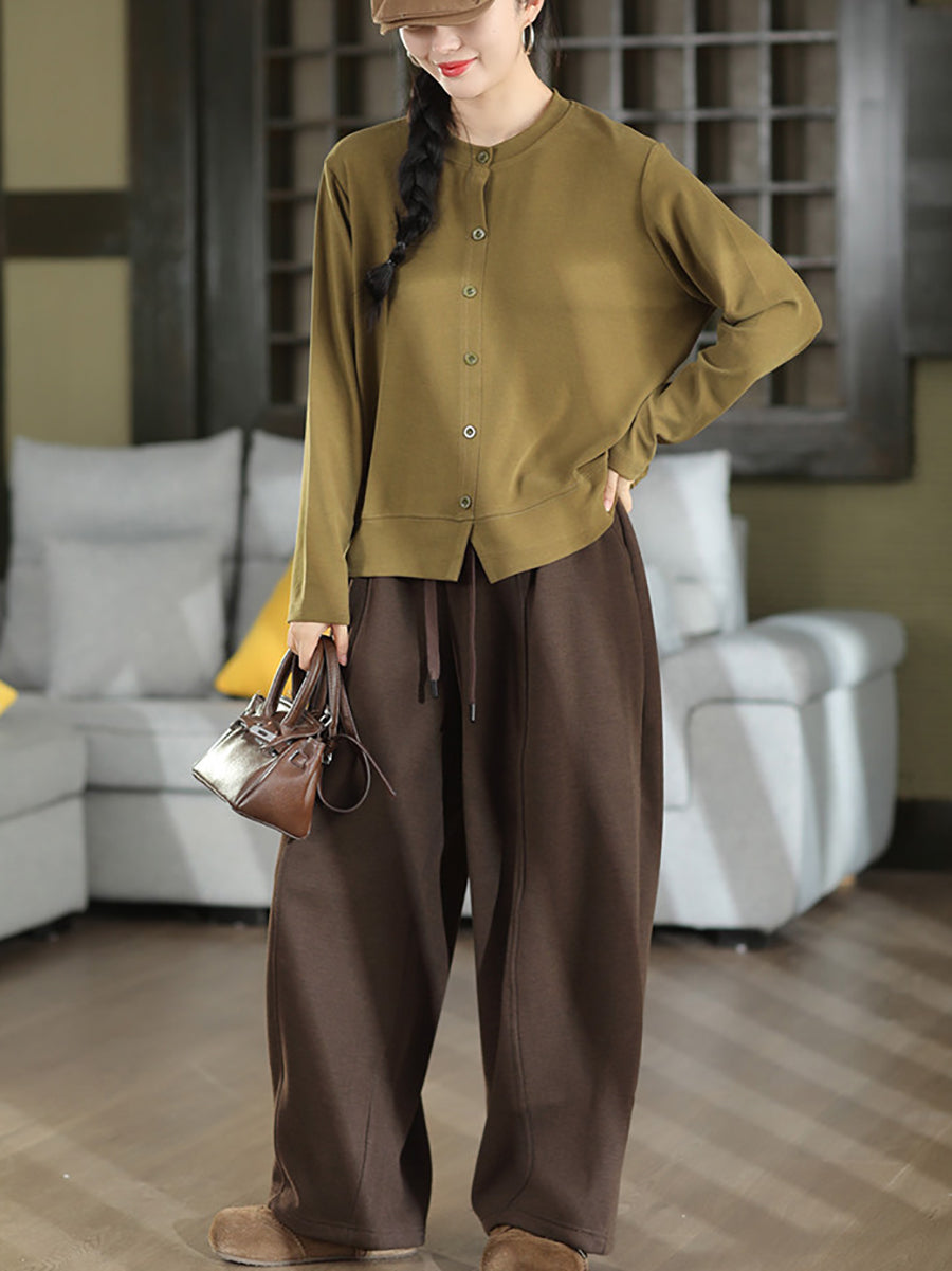 Women Vintage Solid 100% Cotton Loose Long Sleeve Top