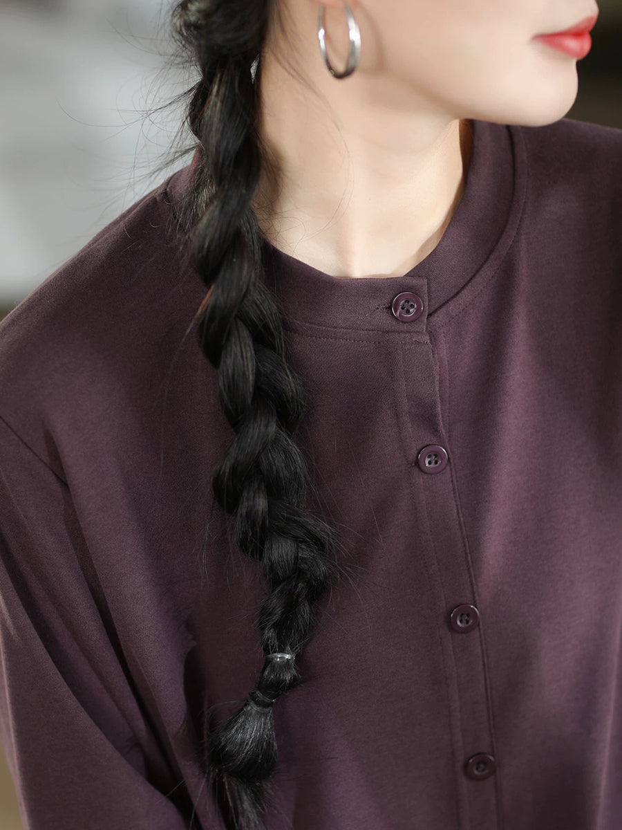 Women Vintage Solid 100% Cotton Loose Long Sleeve Top