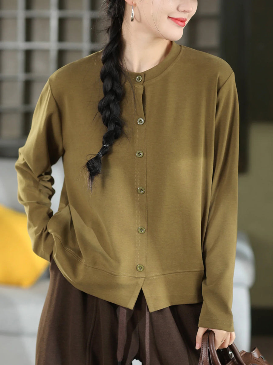 Women Vintage Solid 100% Cotton Loose Long Sleeve Top