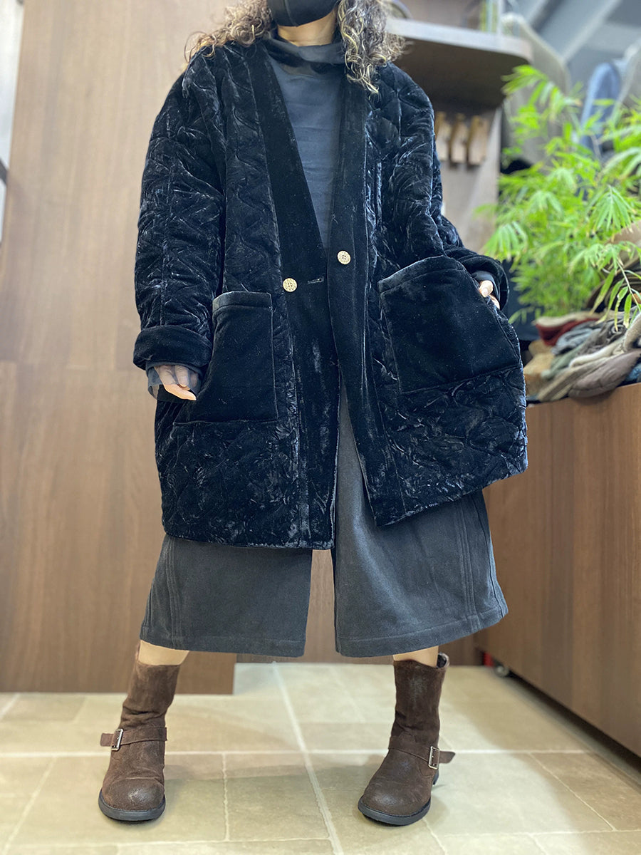 Women Vintage Diamond Quilted Velvet Padded Coat