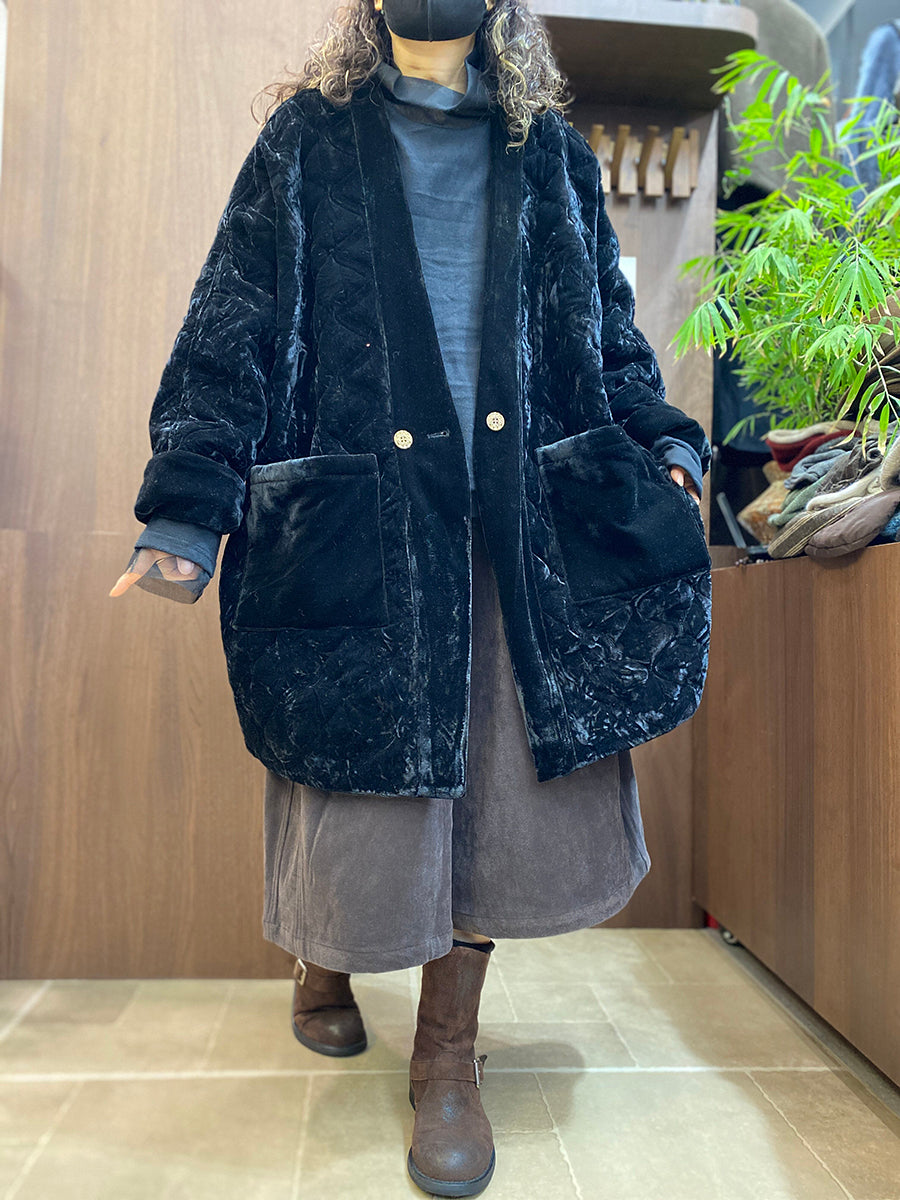 Women Vintage Diamond Quilted Velvet Padded Coat