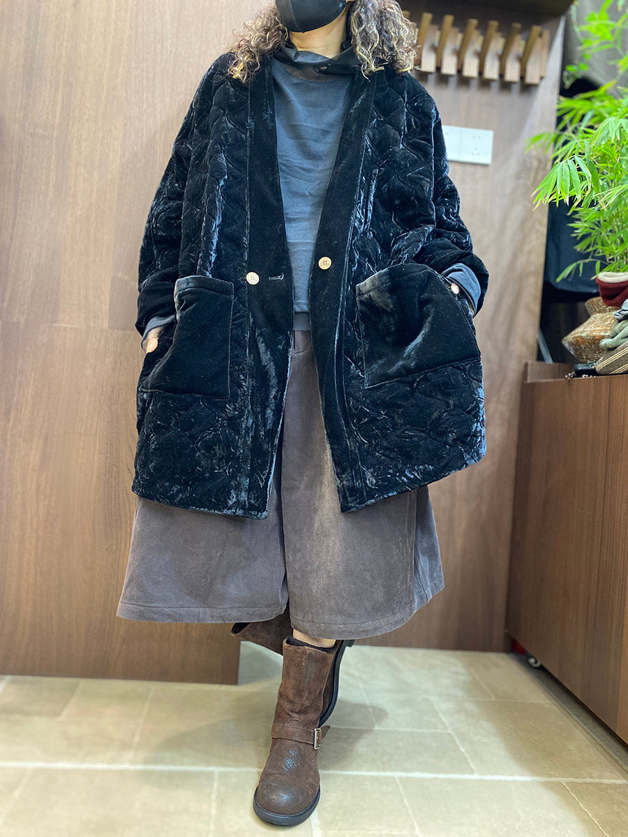 Women Vintage Diamond Quilted Velvet Padded Coat