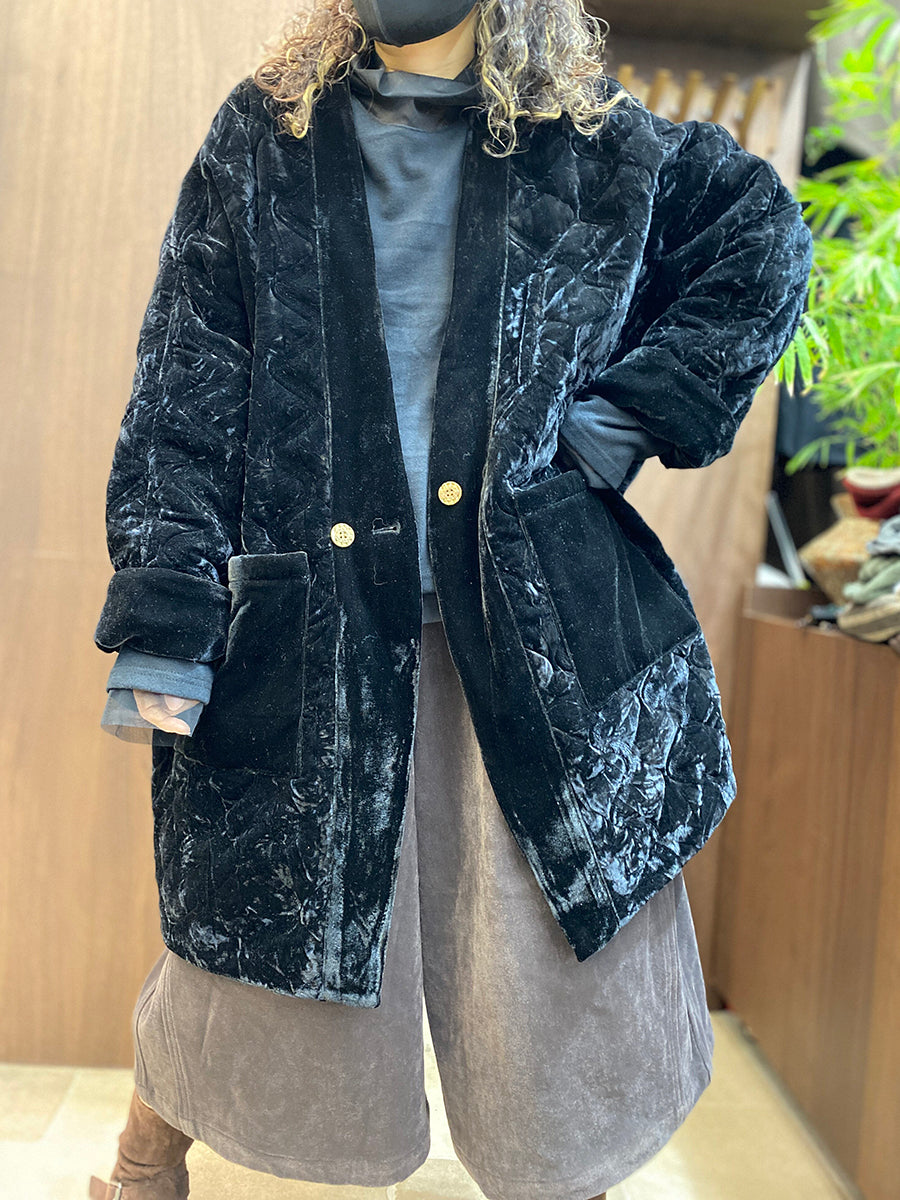 Women Vintage Diamond Quilted Velvet Padded Coat