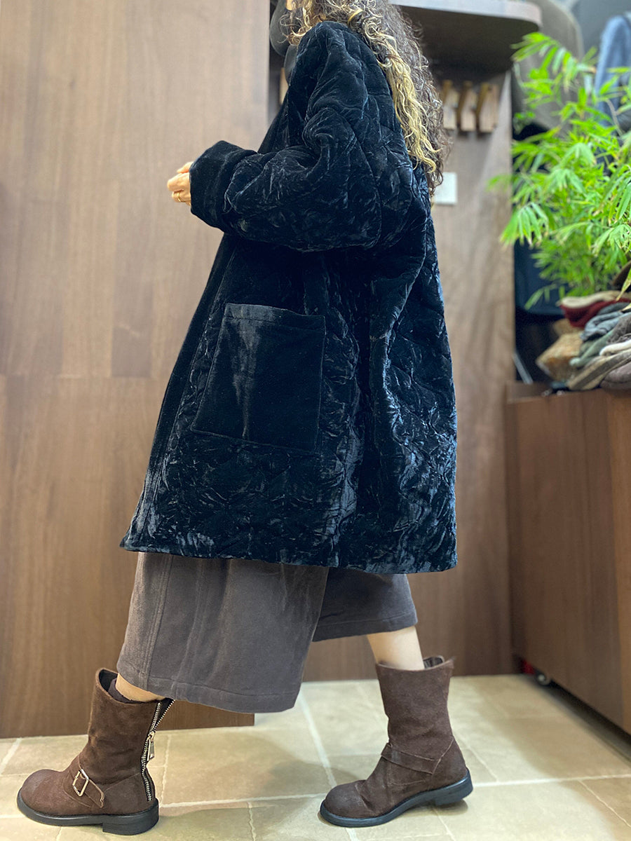 Women Vintage Diamond Quilted Velvet Padded Coat
