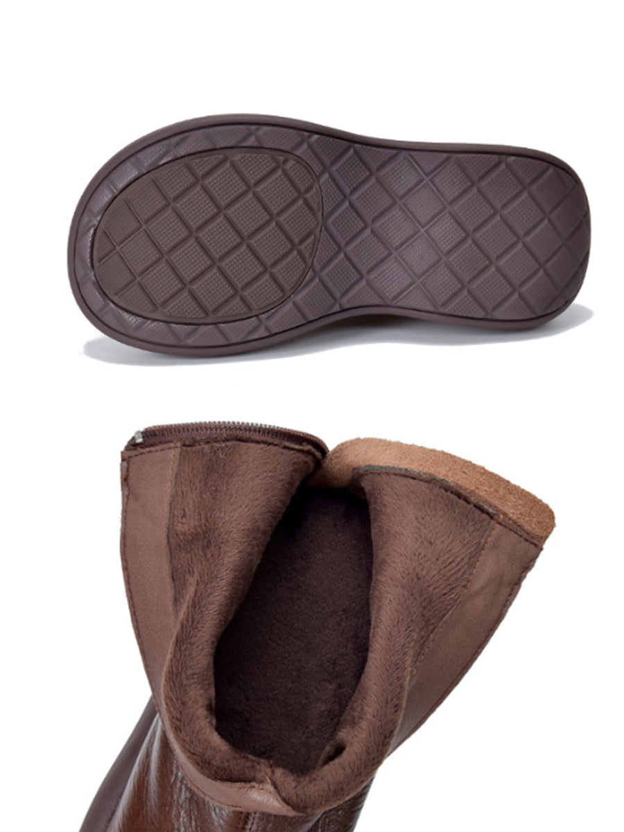 Women Winter Genuine Leather Platform Woven Fleece Warm Ankle Boots