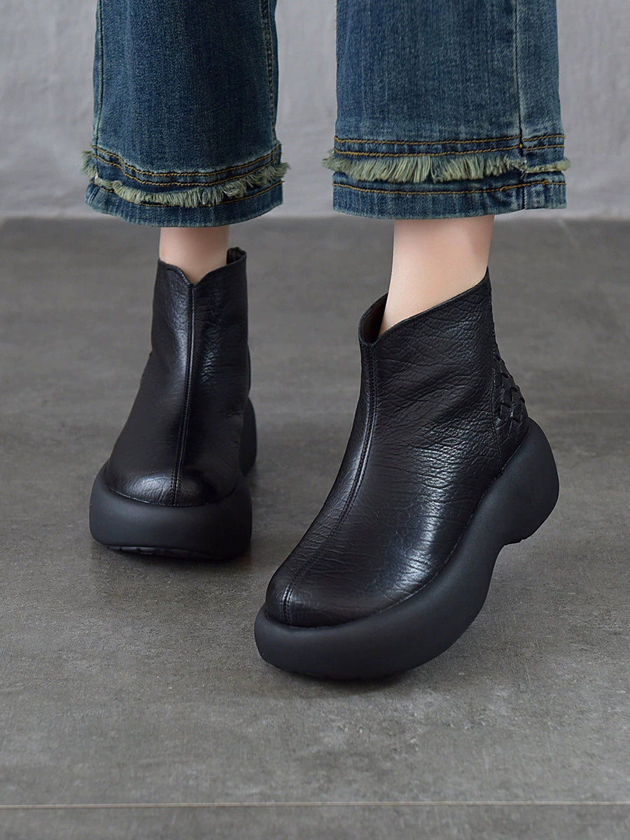 Women Winter Genuine Leather Platform Woven Fleece Warm Ankle Boots
