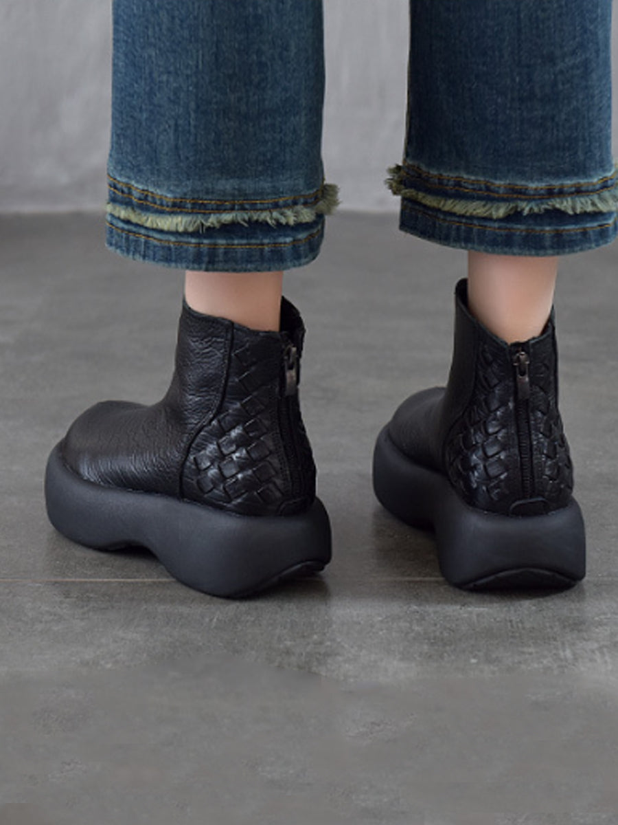 Women Winter Genuine Leather Platform Woven Fleece Warm Ankle Boots