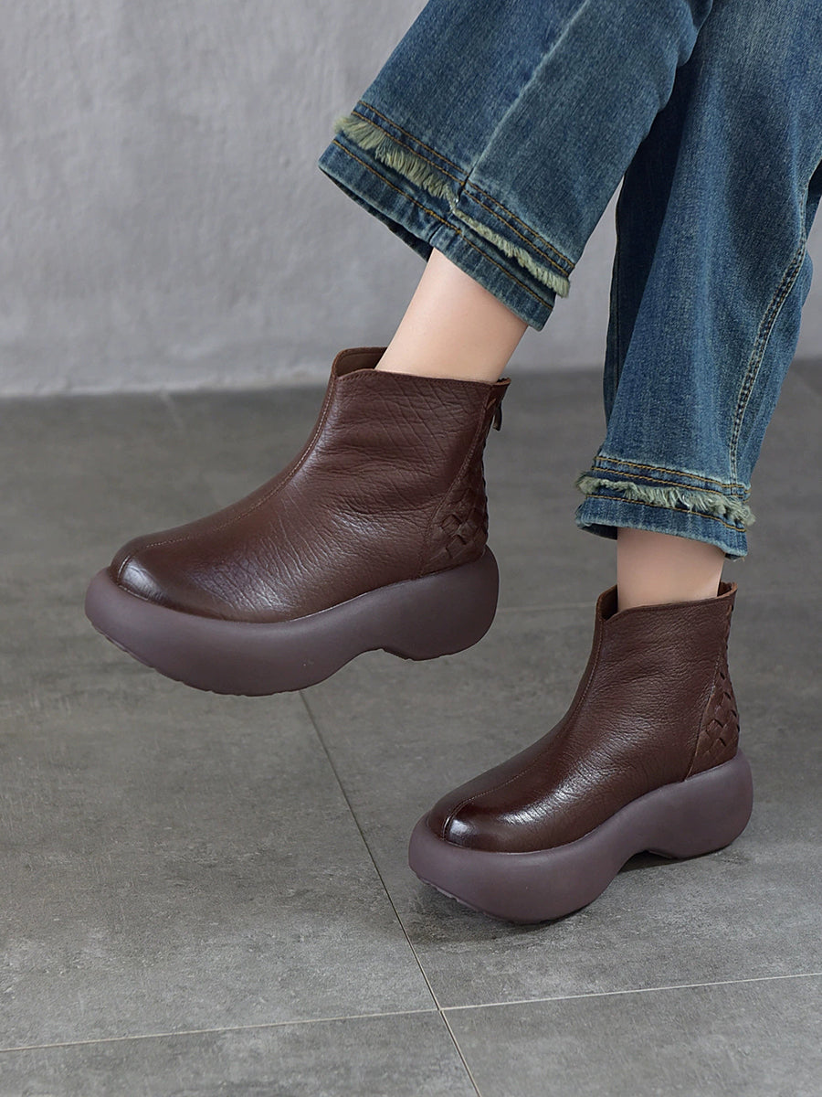 Women Winter Genuine Leather Platform Woven Fleece Warm Ankle Boots