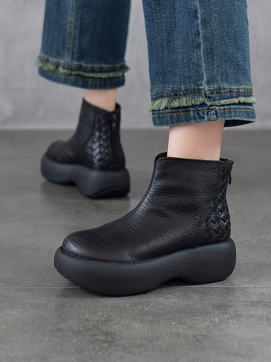 Women Winter Genuine Leather Platform Woven Fleece Warm Ankle Boots