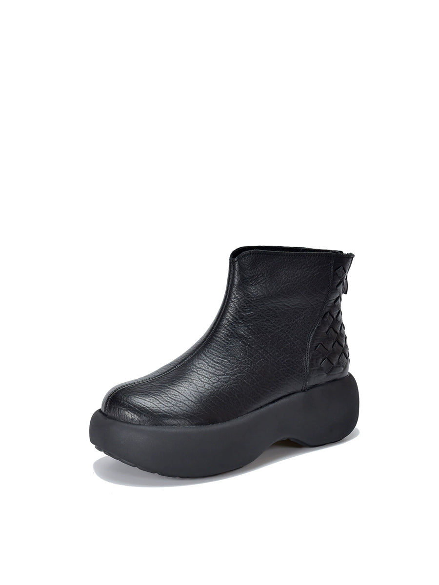 Women Winter Genuine Leather Platform Woven Fleece Warm Ankle Boots