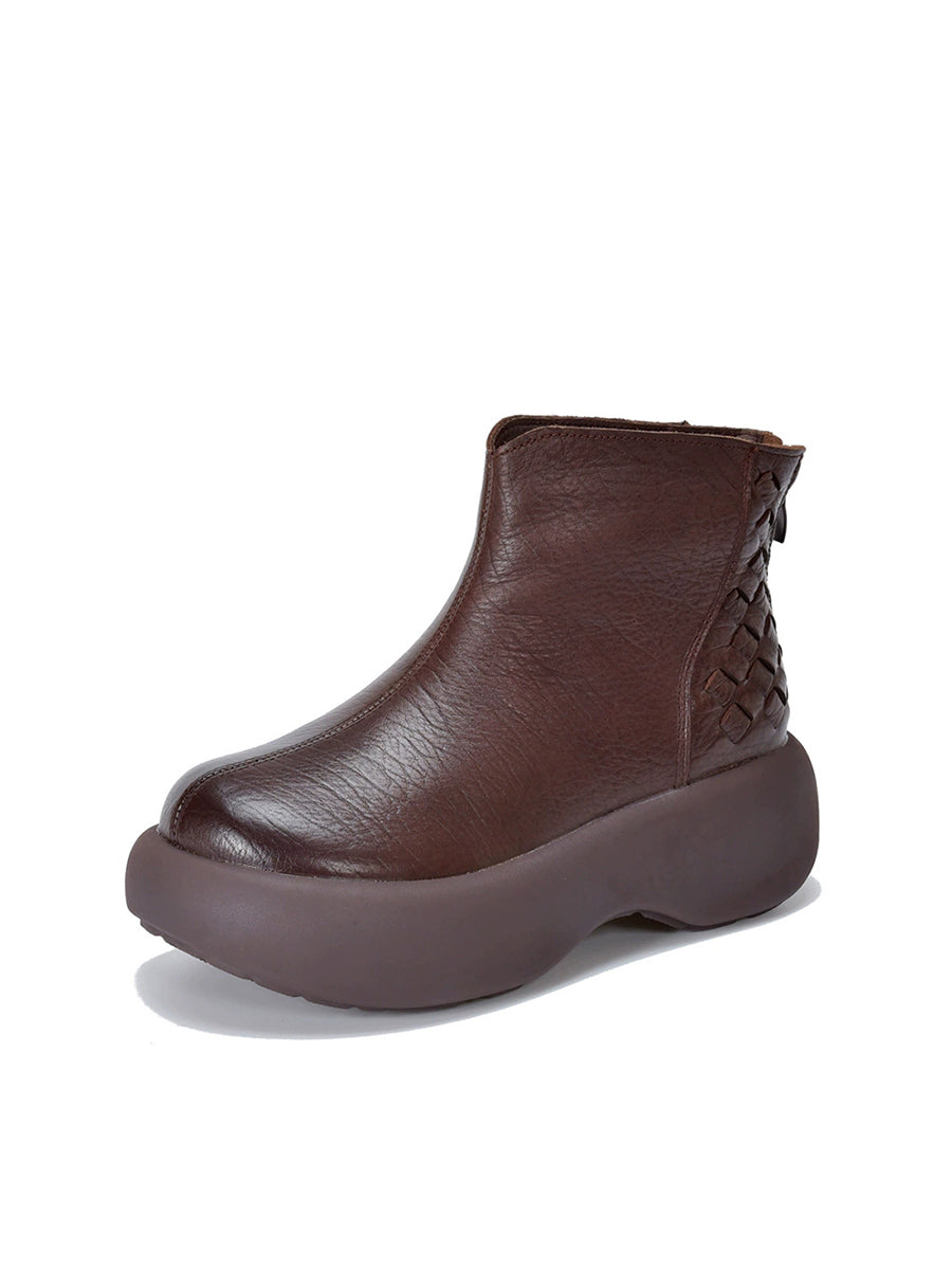 Women Winter Genuine Leather Platform Woven Fleece Warm Ankle Boots