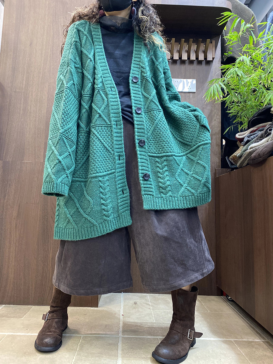 Women Vintage Cable-Knit Solid Loose Cardigan