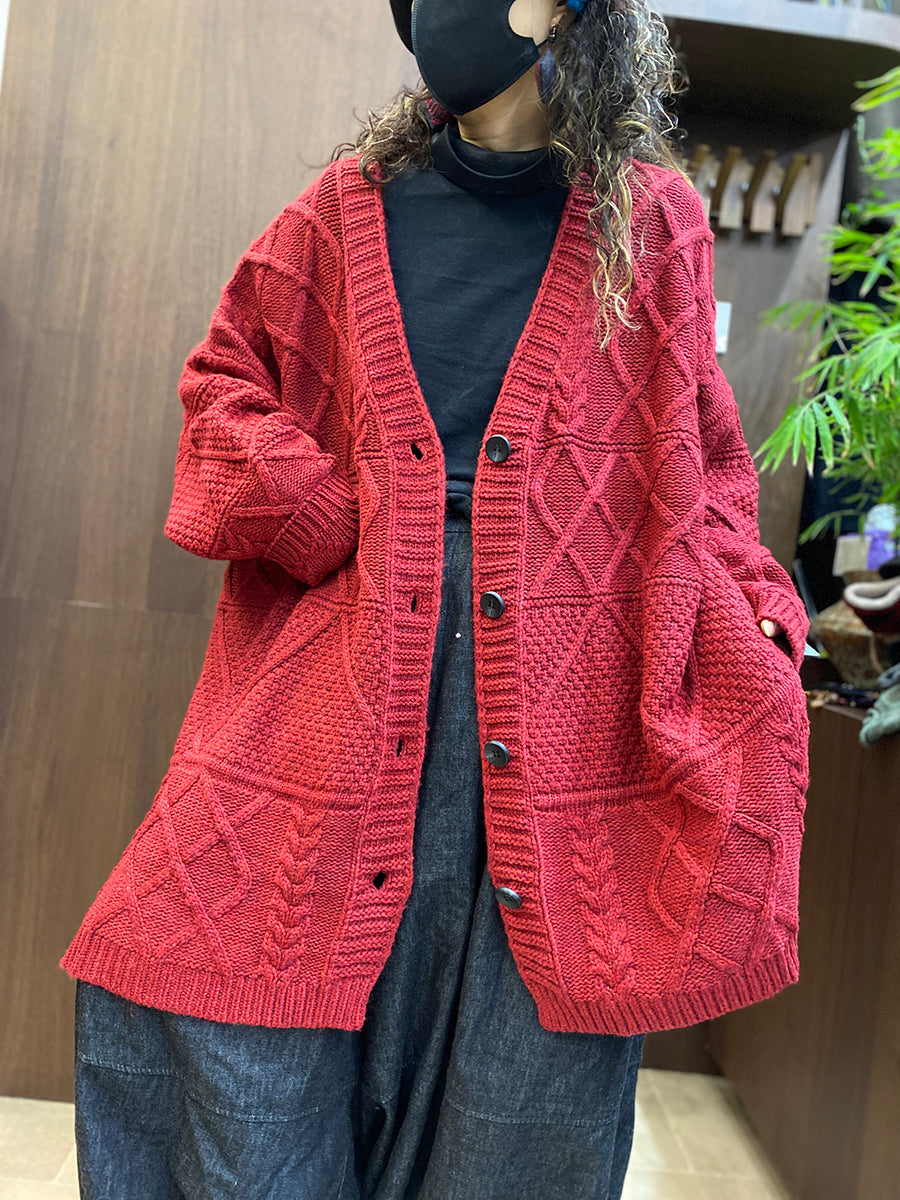 Women Vintage Cable-Knit Solid Loose Cardigan