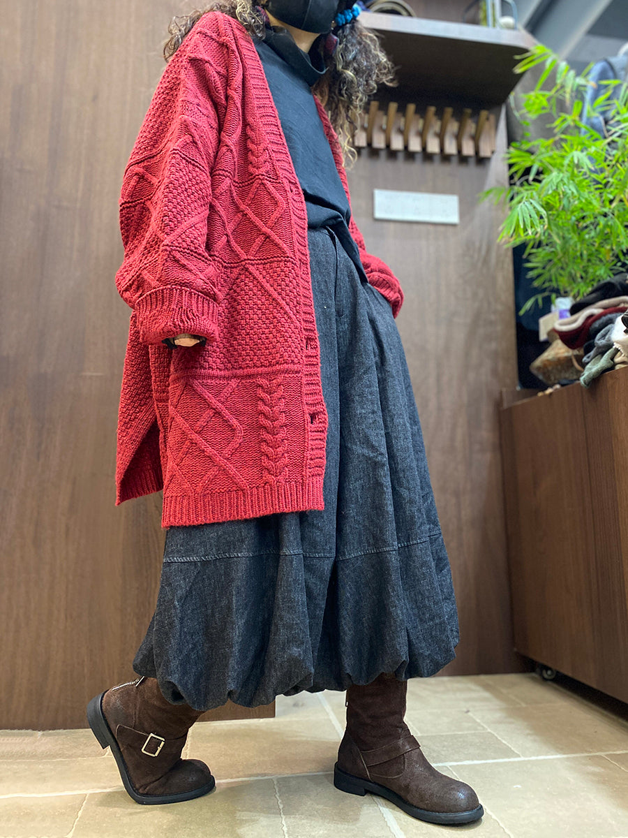 Women Vintage Cable-Knit Solid Loose Cardigan