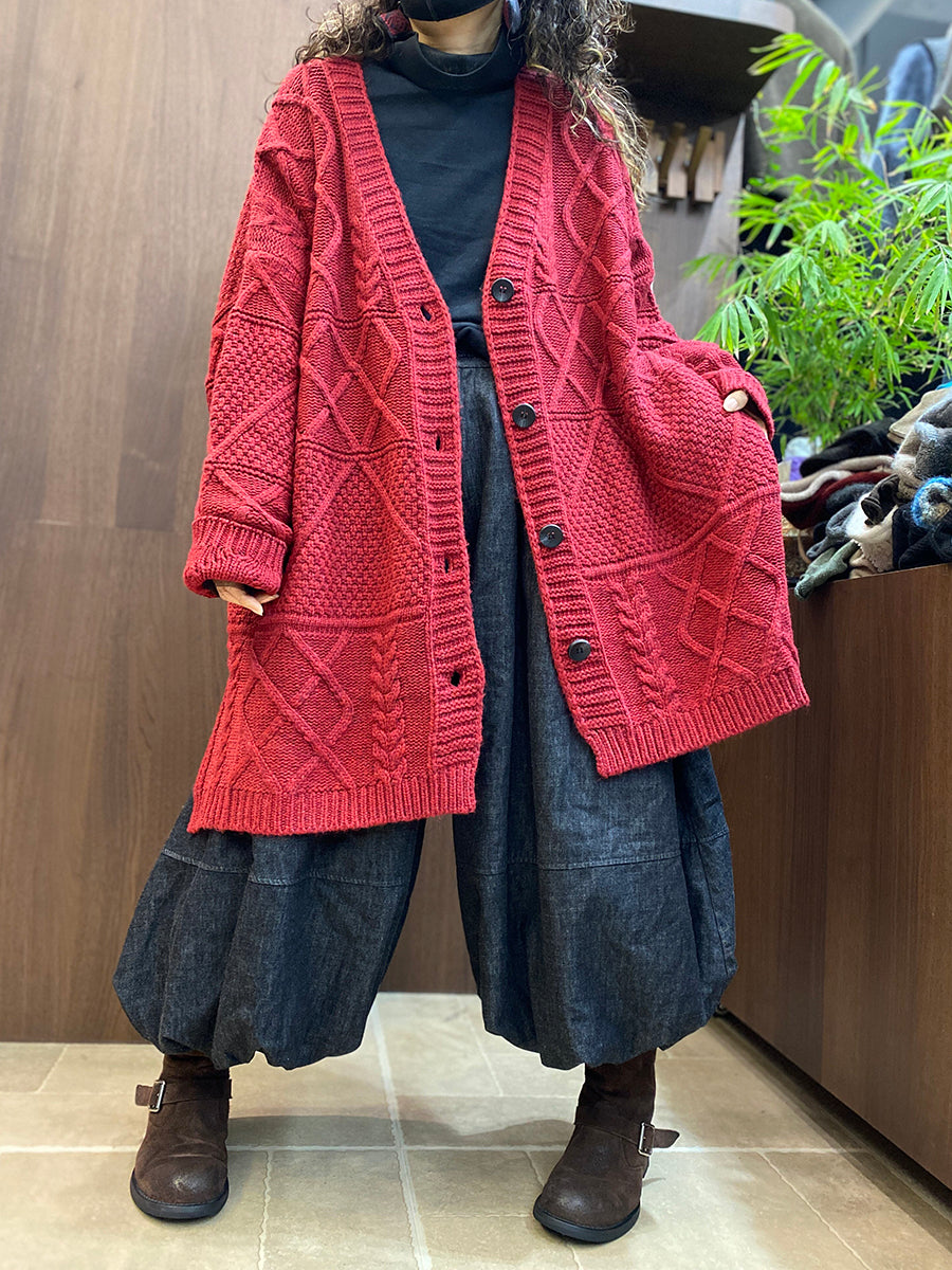 Women Vintage Cable-Knit Solid Loose Cardigan