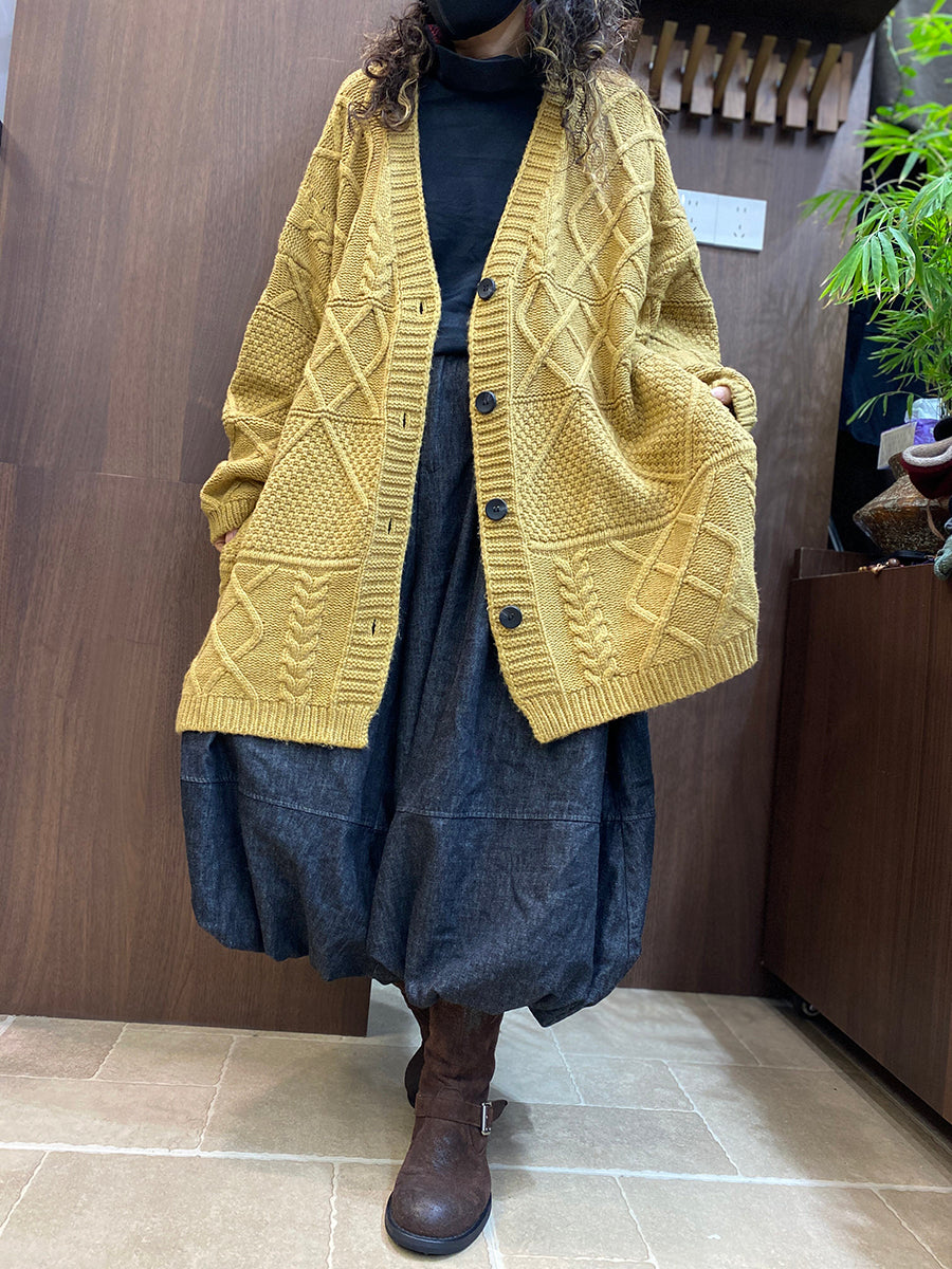 Women Vintage Cable-Knit Solid Loose Cardigan