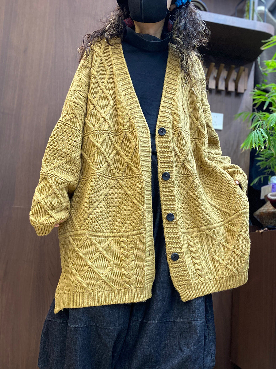 Women Vintage Cable-Knit Solid Loose Cardigan