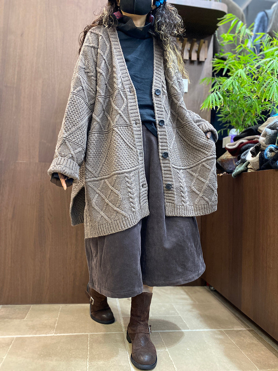 Women Vintage Cable-Knit Solid Loose Cardigan