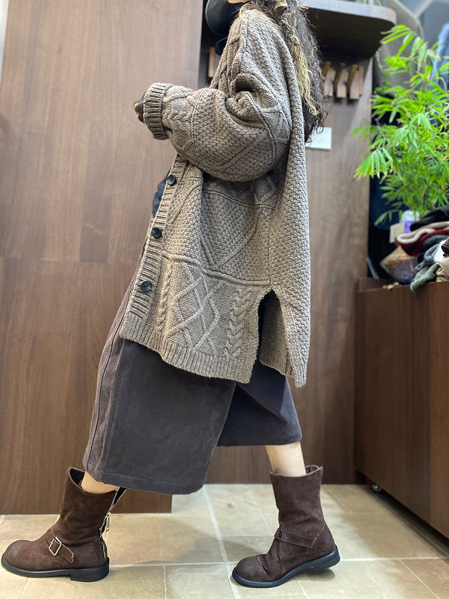 Women Vintage Cable-Knit Solid Loose Cardigan