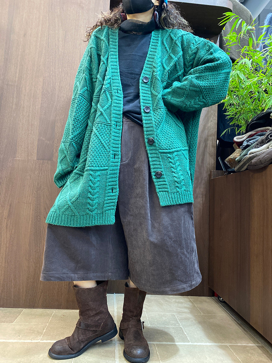 Women Vintage Cable-Knit Solid Loose Cardigan
