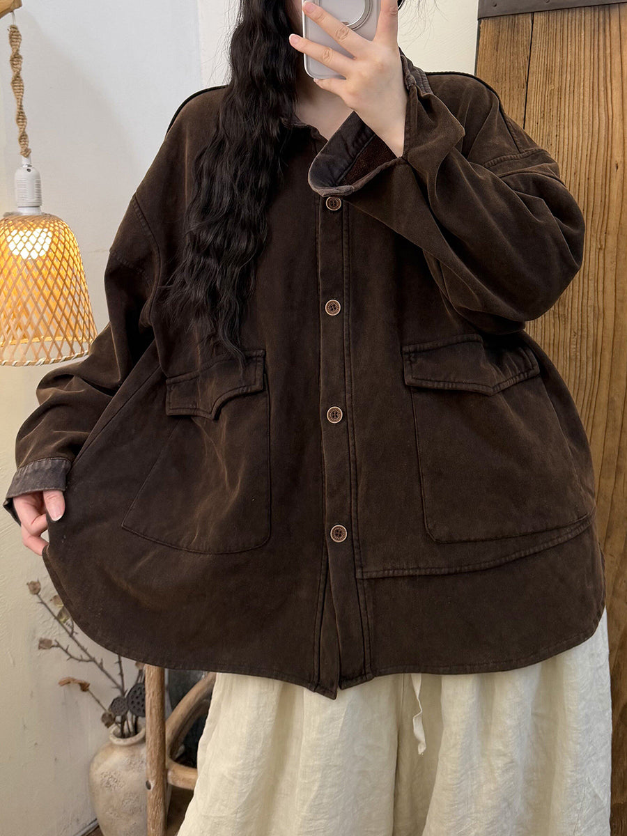 Women Vintage Turn-Down Collar Fleece-Lined Thick Shirt Jacket
