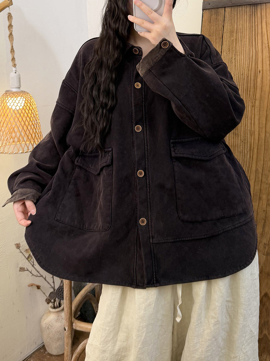 Women Vintage Turn-Down Collar Fleece-Lined Thick Shirt Jacket