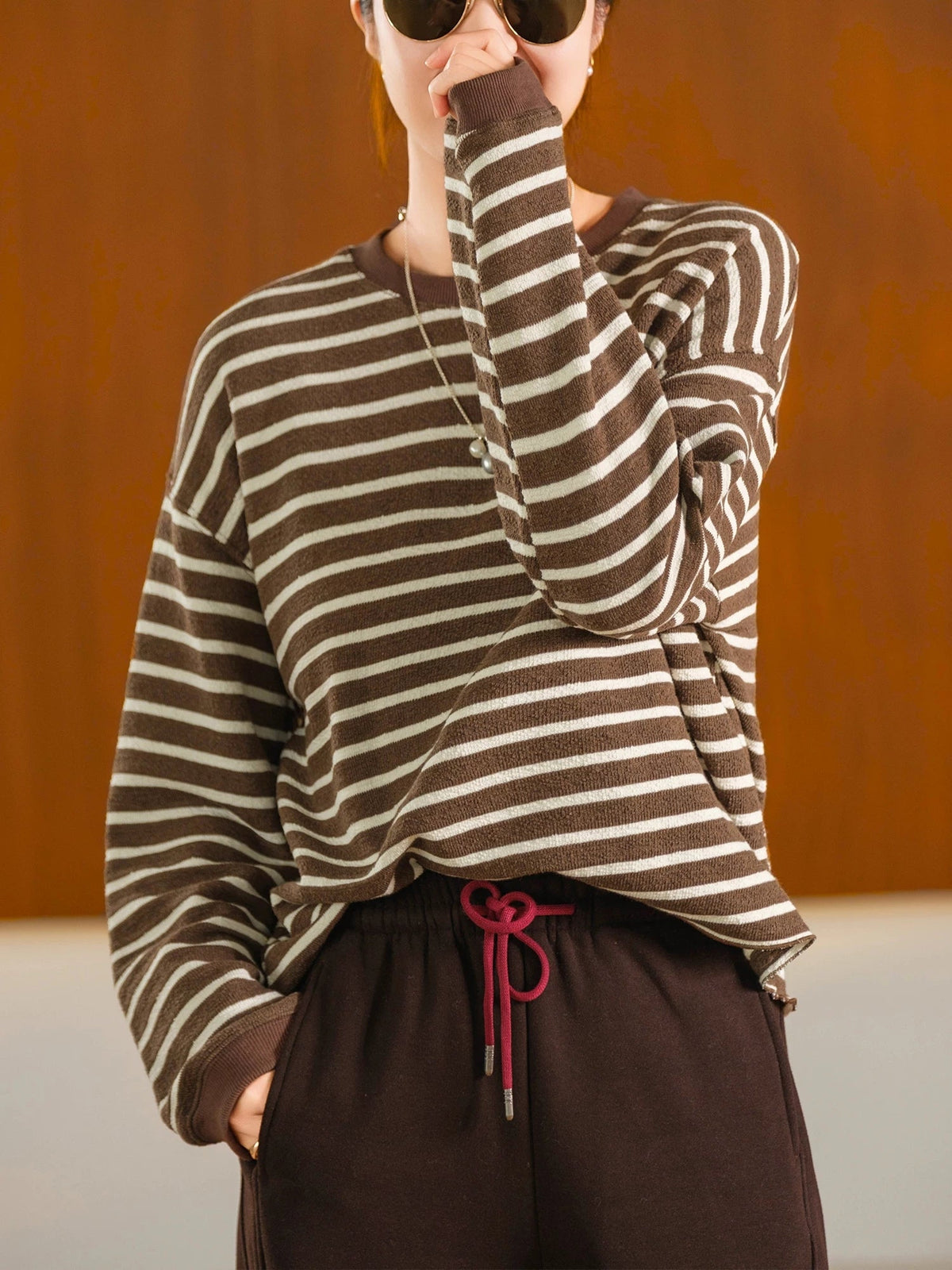 Women Casual Striped Long Sleeve Cotton Sweatshirt