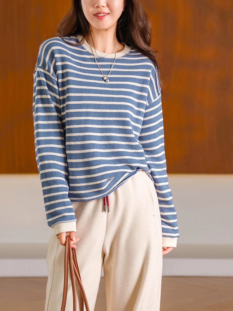 Women Casual Striped Long Sleeve Cotton Sweatshirt