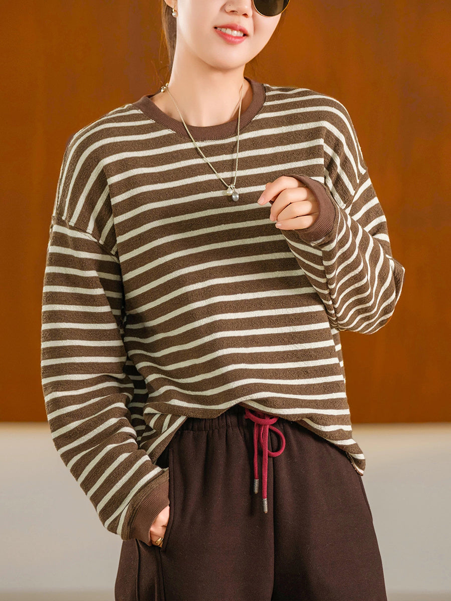 Women Casual Striped Long Sleeve Cotton Sweatshirt